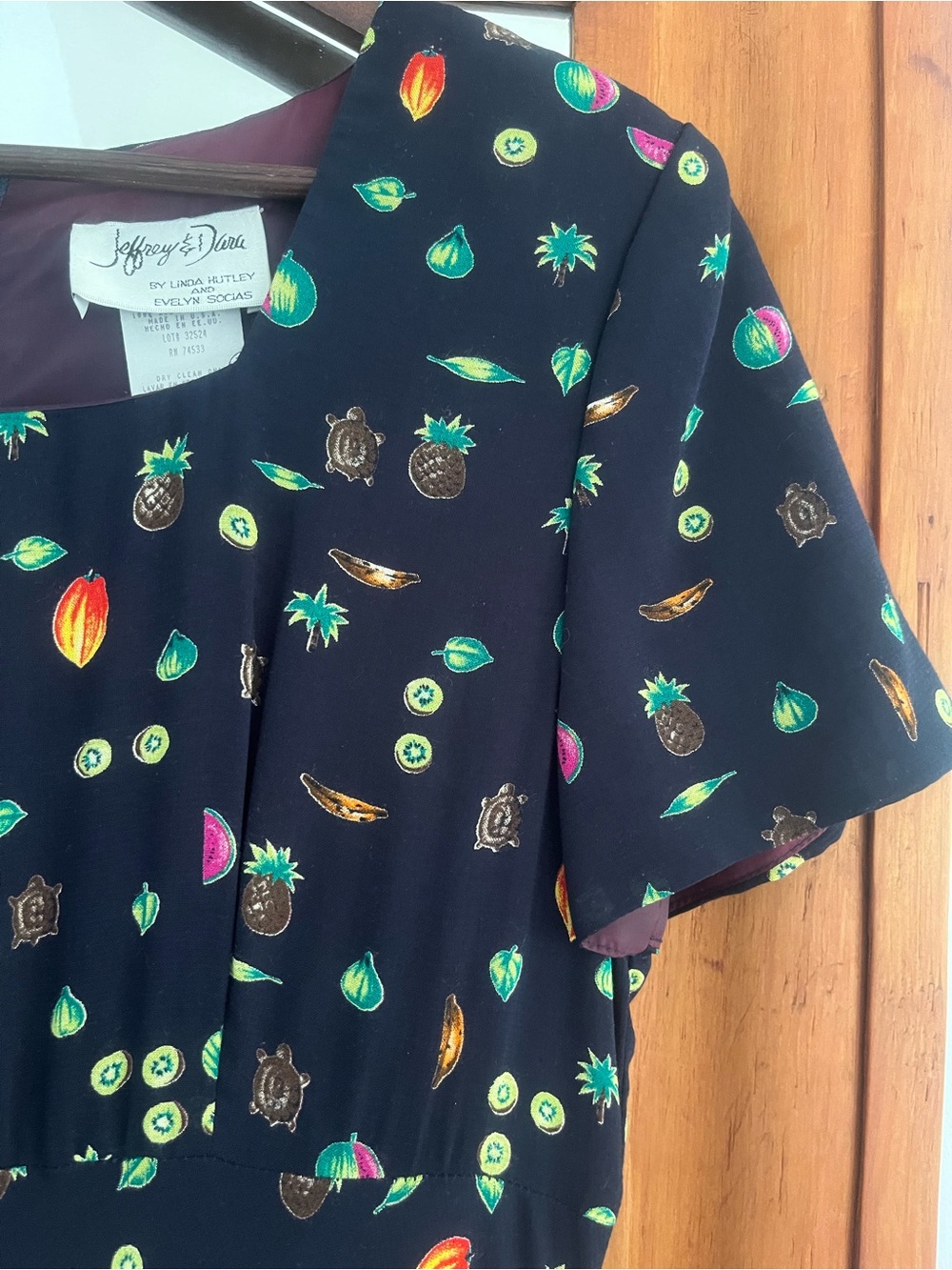 1990s Vintage Tropical Fruit Empire Bustle Dress